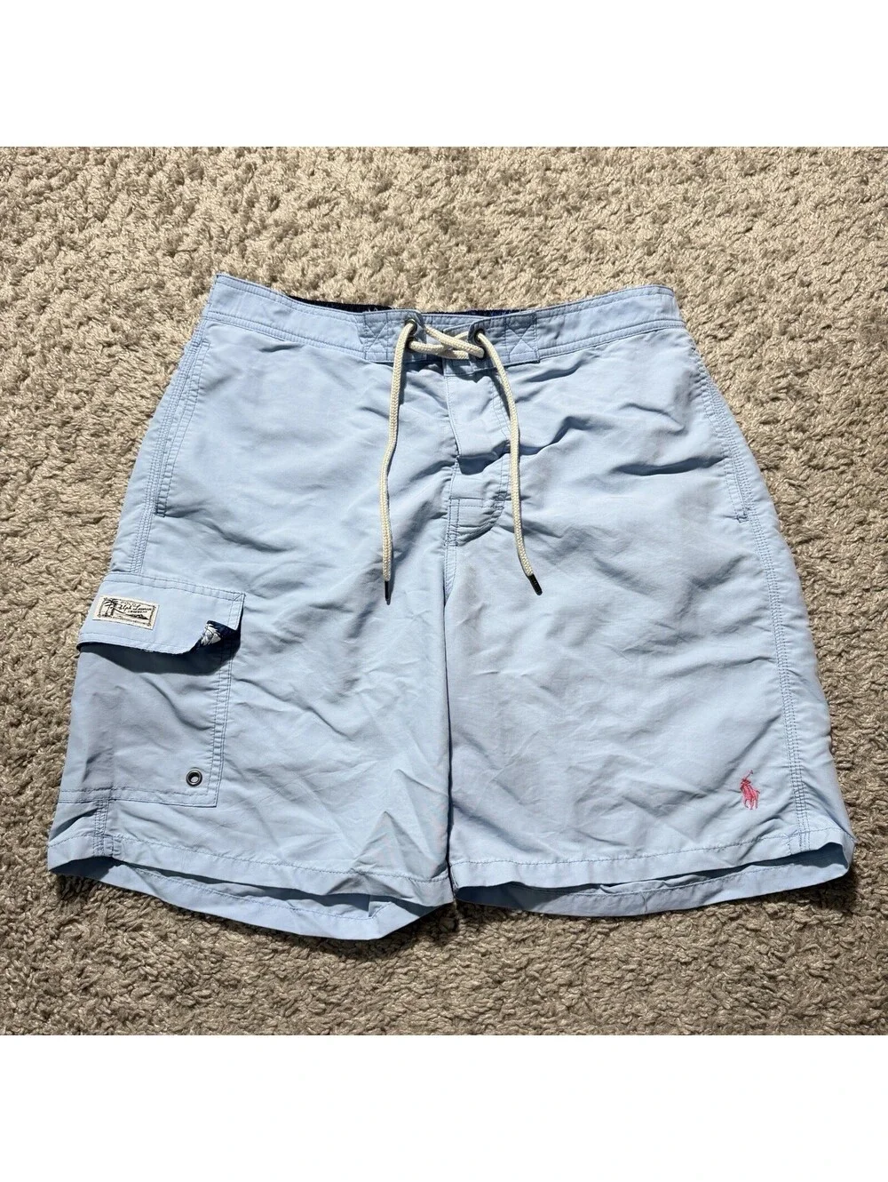 Polo Ralph Lauren Blue Cargo Pocket Nylon Mesh Lined Swim Trunks Mens Medium